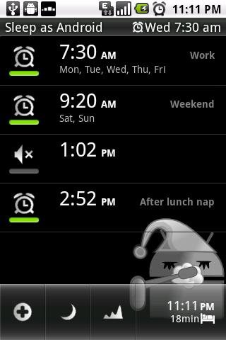 Écran de l'application "Sleep as Android", affichant des heures de réveil et de sieste, avec une illustration de personnage endormi.