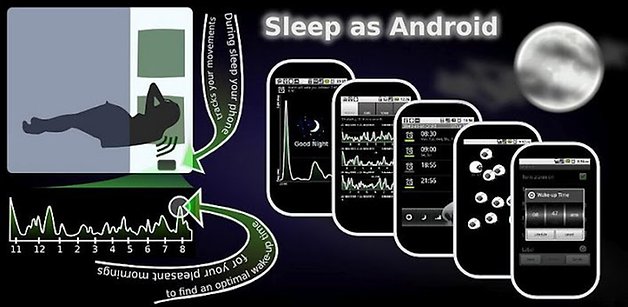 Illustration présentant l'application "Sleep as Android" avec des graphiques de sommeil et des fonctionnalités sur des téléphones.