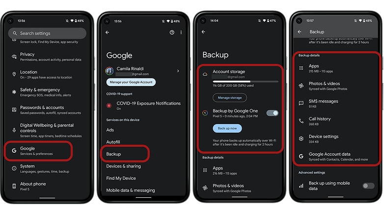 Backup to Google One should be toggled "on". Screenshots showing how to backup data with Google One
