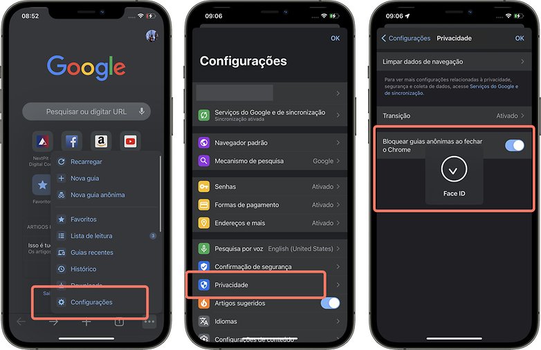 Chrome iOS incognito tab face ID PT BR