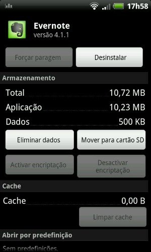 Tela do aplicativo Evernote versão 4.1.1 mostrando informações de armazenamento e opções de gerenciamento de dados.