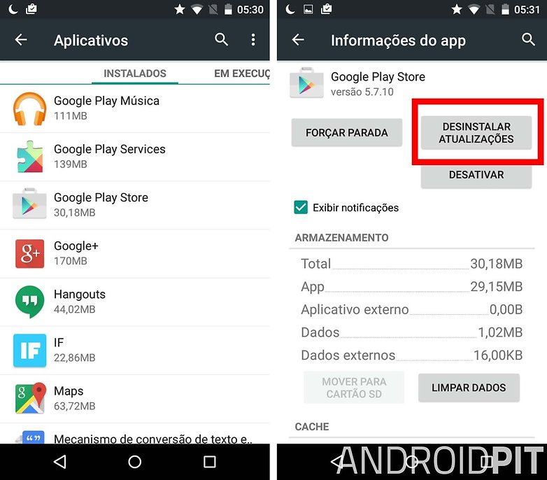 google play nao funciona desinstalar atualizacoes