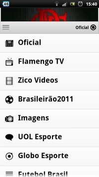 Menu de aplicativo com opções como "Oficial," "Flamengo TV," "Zico Videos," "Brasileirão 2011," entre outros.