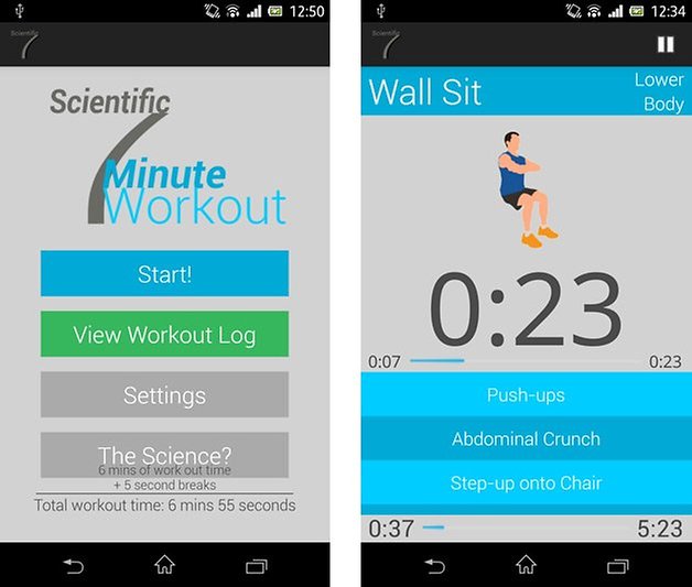 scientific seven minute workout screen start einheiten