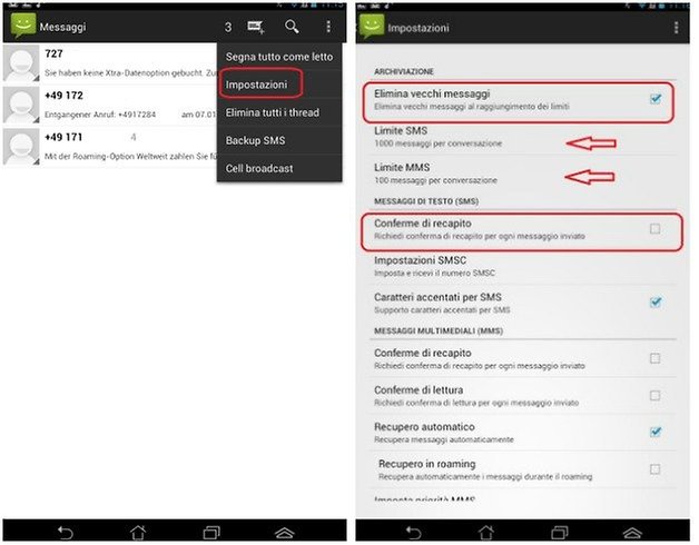 impostazioni sms
