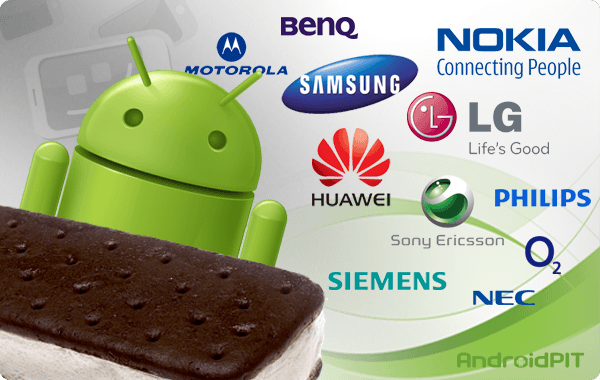 Android-Logo mit Schokoladenkeksen und Logos von verschiedenen Smartphone-Herstellern, darunter Samsung, Nokia, und LG.