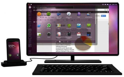 Un teléfono conectado a una base junto a un monitor que muestra una interfaz de Ubuntu y un teclado.