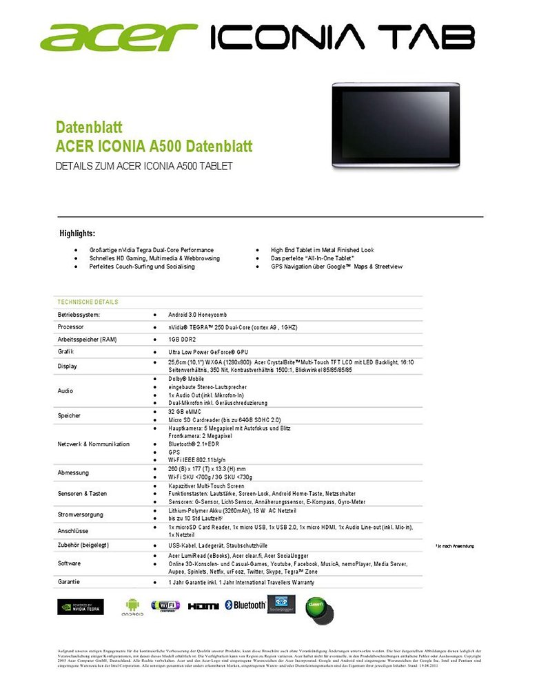 Technische Details zu einem Tablet mit nVidia Tegra Dual-Core, Android 3.0, HD-Display und GPS-Funktionalität.