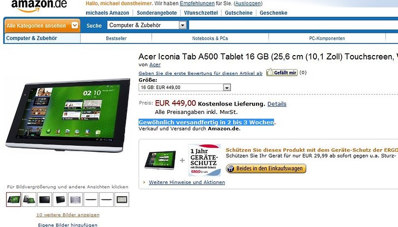 Acer Iconia Tab A500 mit 16GB für 449€ bald bei Amazon, UMTS Version gelistet