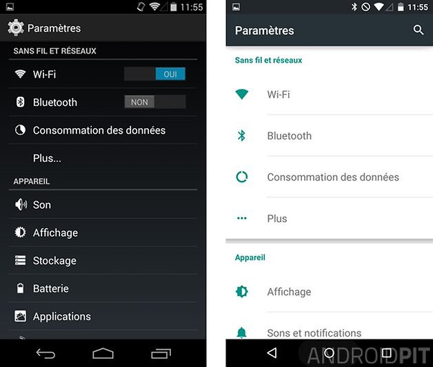 comparatif android 5 0 lollipop kitkat 4 4 parametres