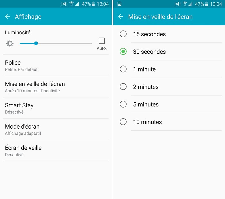 galaxy s6 mise en veille ecran batterie