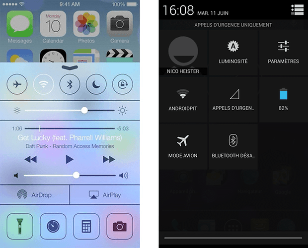 ios android control center quick settings