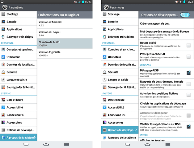 lg g pad root developpers options