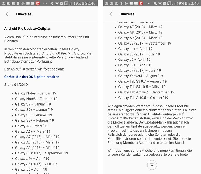 samsung galaxy smartphones pie update roadmap de