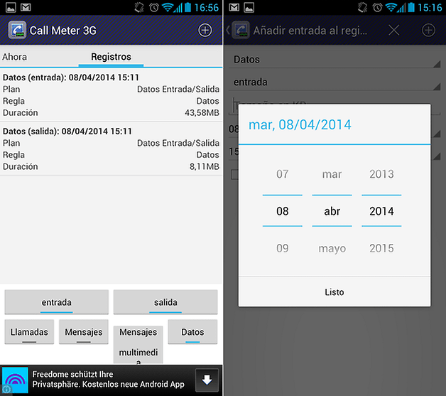 CallMeter3G Registros Entrada