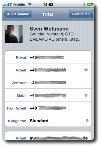 Kontaktinformation von Sven Woltmann, einschließlich Telefonnummern und Arbeitsdetails, auf einem Smartphone-Bildschirm.