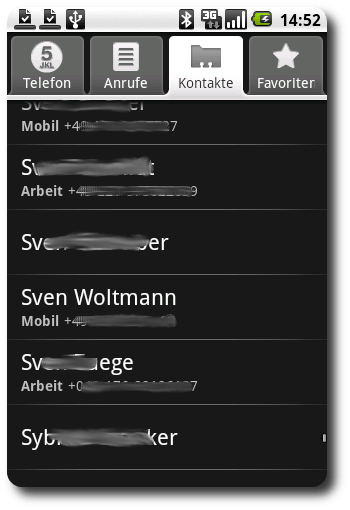 Screenshot einer Kontaktliste auf einem Smartphone mit Namen und Telefonnummern.