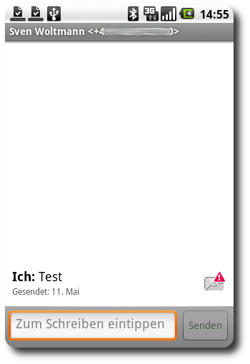 Screenshot einer Chat-App zeigt eine Nachricht von "Ich: Test" und Eingabefeld "Zum Schreiben eintippen".