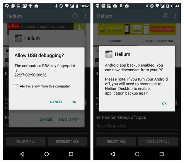 AndroidPIT Helium Backup USB debugging connection established