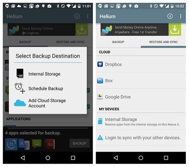 Облачные сервисы назначения резервного копирования AndroidPIT Helium Backup