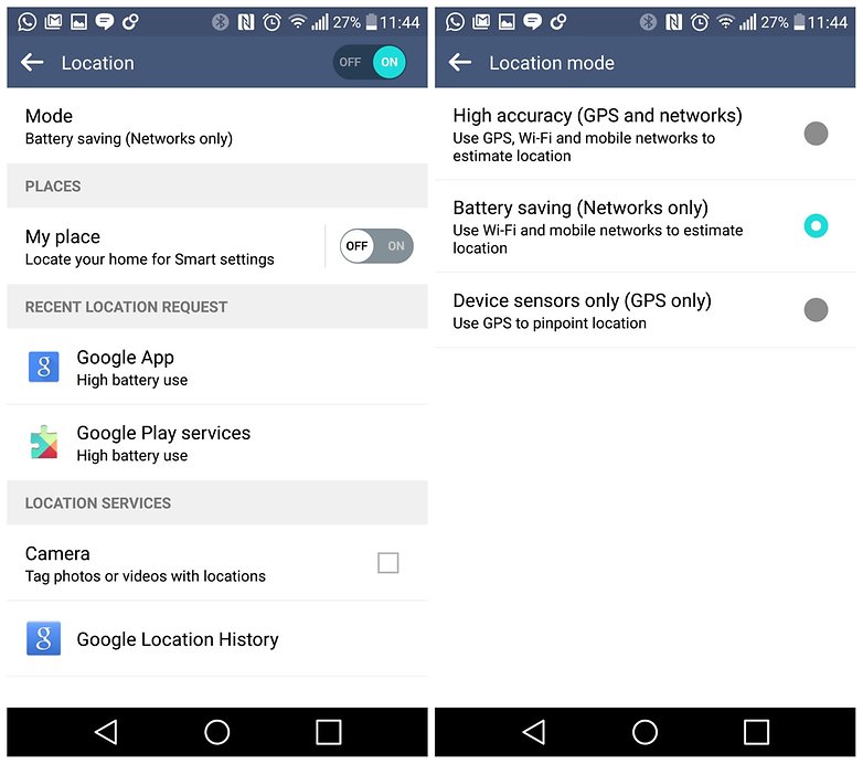 Google Location Services location mode battery saving LG G4 Lollipop