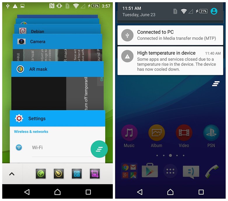 AndroidPIT Sony Xperia Z3 plus recent apps high temperature warning
