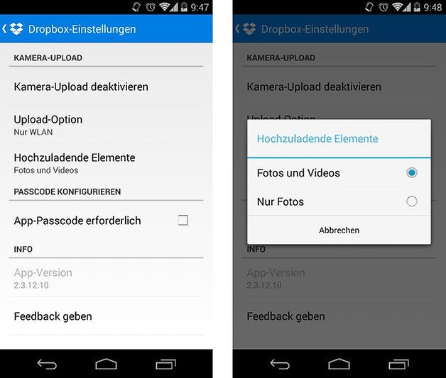 Dropbox Automatischer Kamera Upload verbessert KitKat 