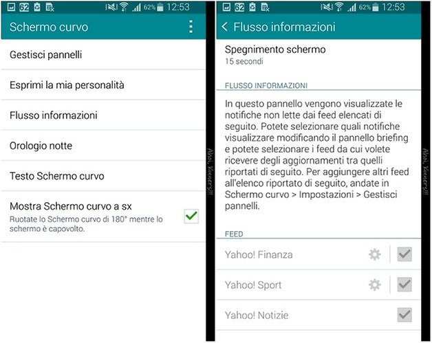 note edge impostazioni schermo