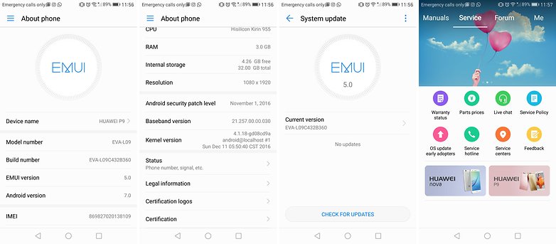 huawei P 9 hicare nougat update emui 5