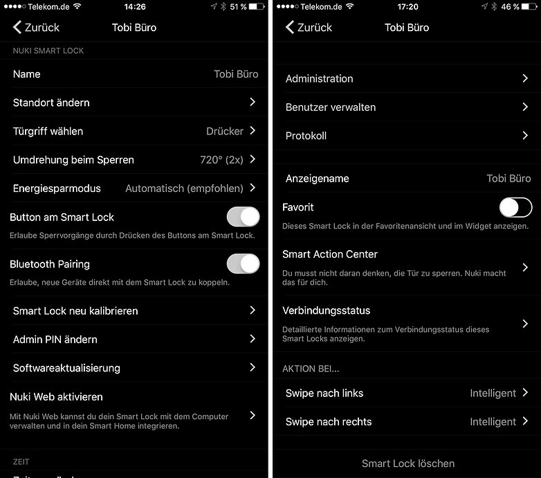 nuki smart lock menu settings de