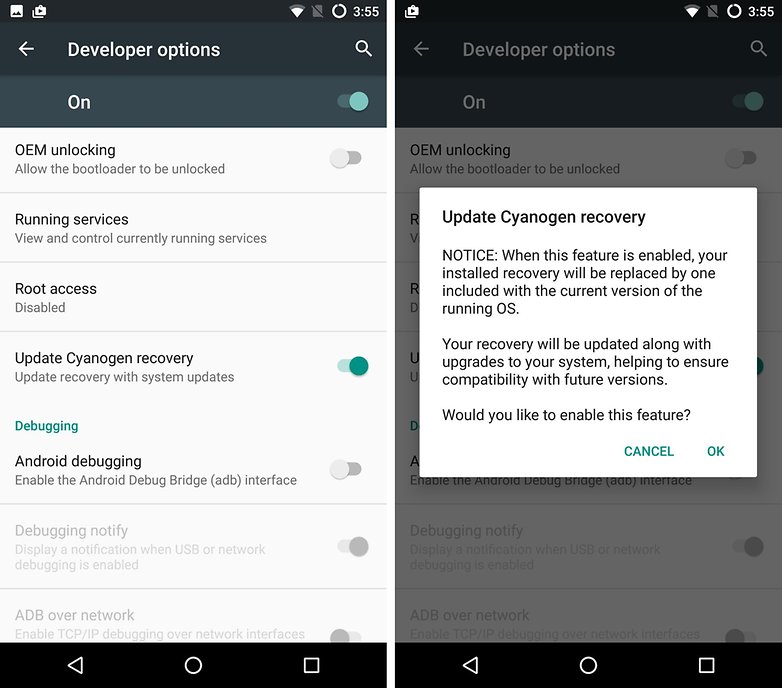 cyanogenmod update recovery developer settings