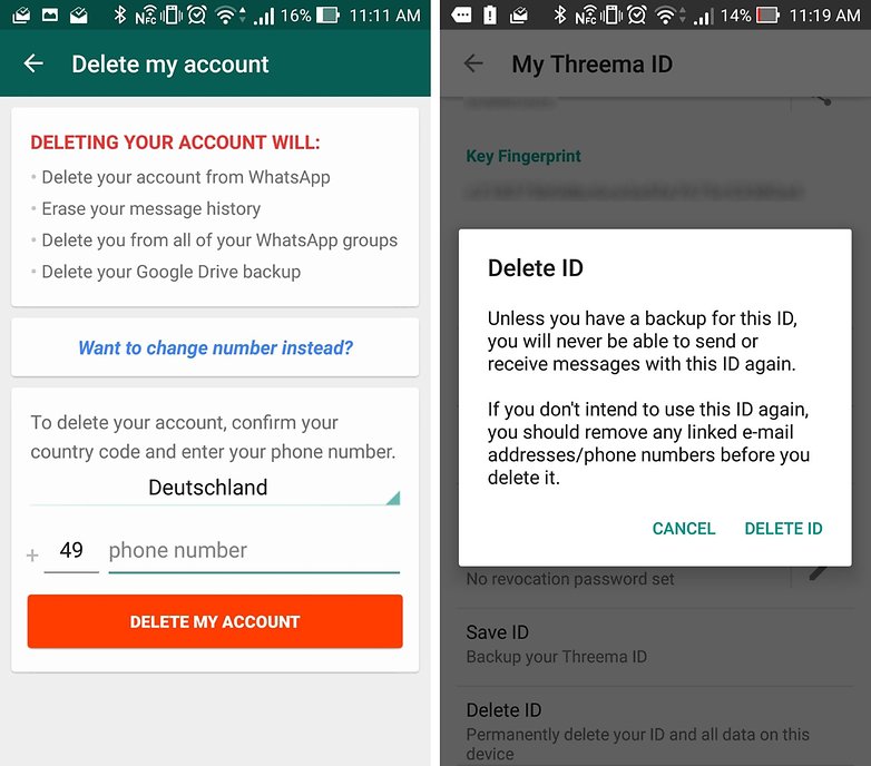 whatsapp vs threema delete account id