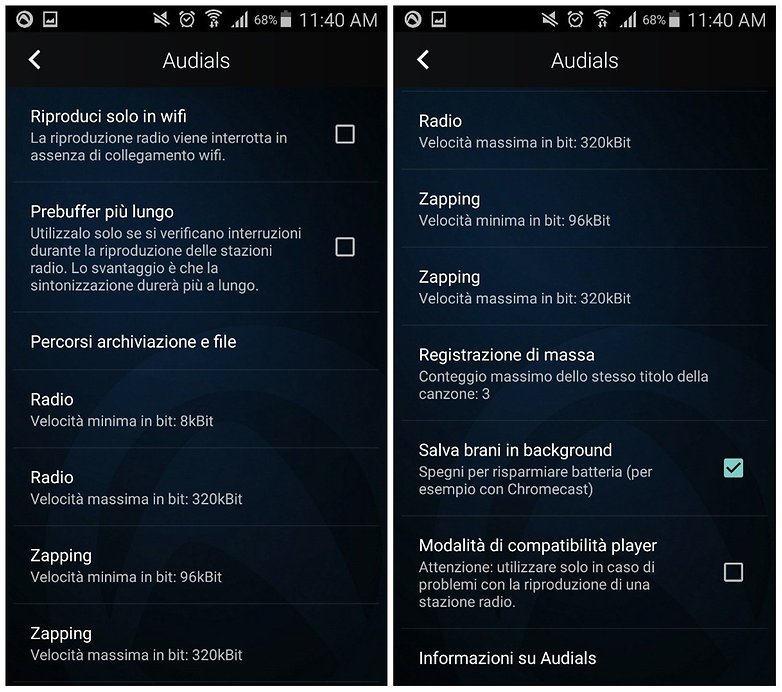 Audials Pro menu impostazioni