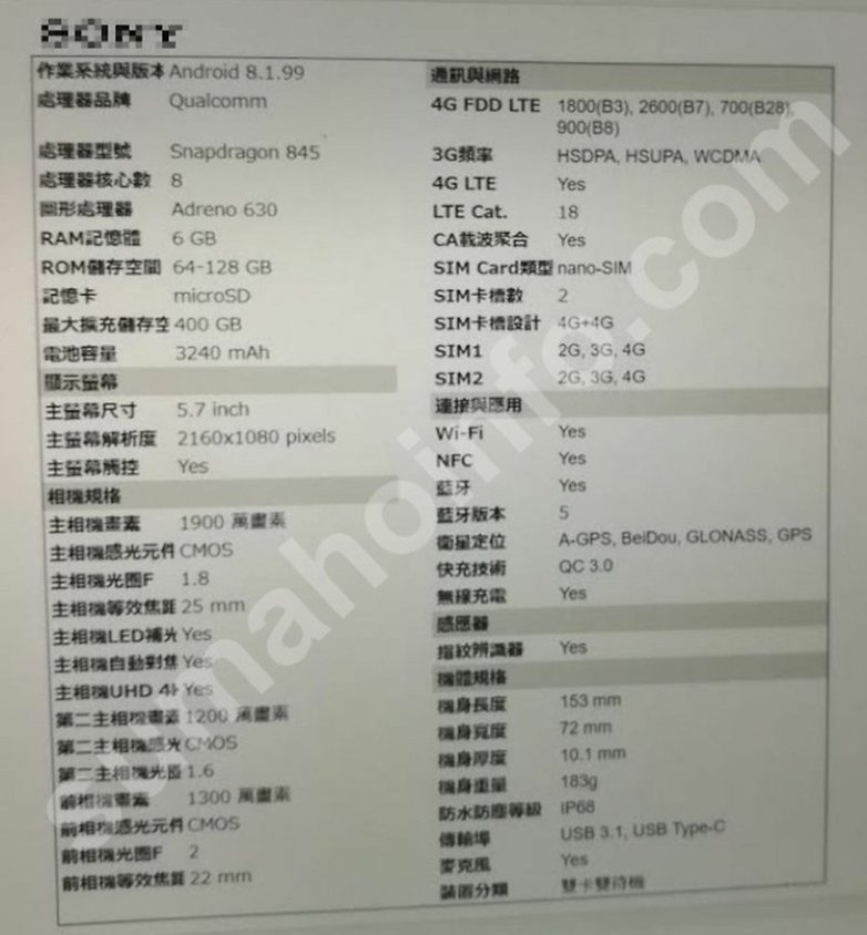 Leak Xperia XZ3 sony