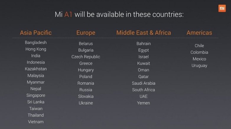 Xiaomi Mi a1 countries