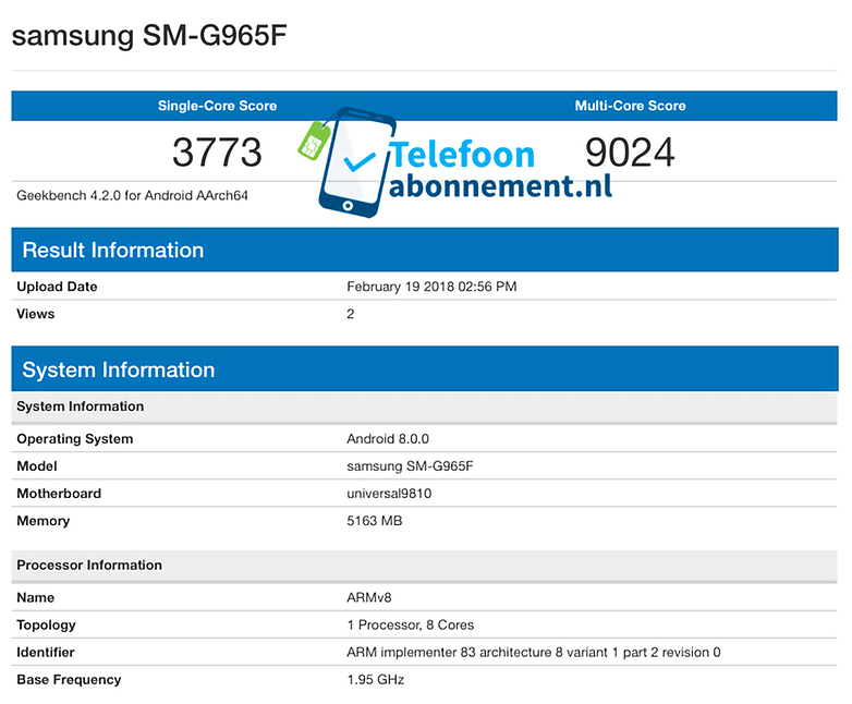 Geekbench Samsung Galaxy S9 Plus Exynos 9810 Telefoonabonnement.nl
