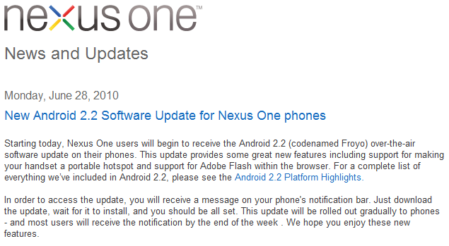 Nachricht über das Android 2.2-Softwareupdate für Nexus One-Telefone, veröffentlicht am 28. Juni 2010.