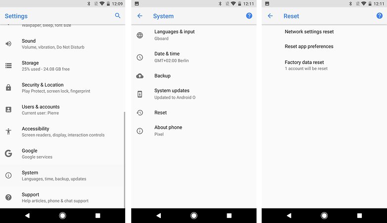 pixel settings system reset menu screenshot