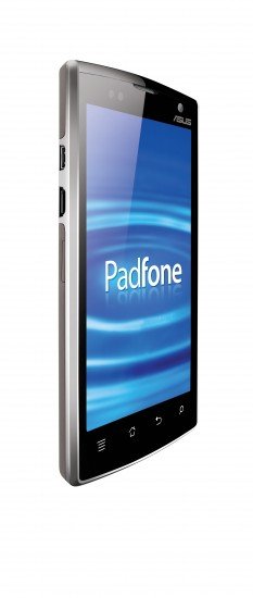 Teléfono inteligente ASUS Padfone, mostrando la pantalla con el logo "Padfone" en un fondo azul.