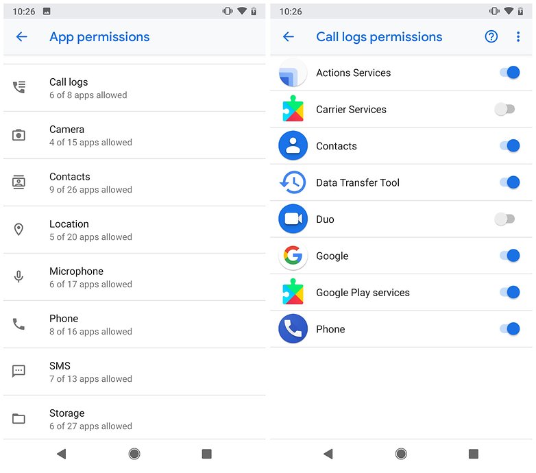 call log permissions pie