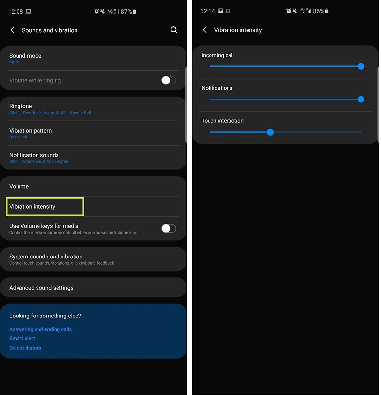samsung vibration intensity
