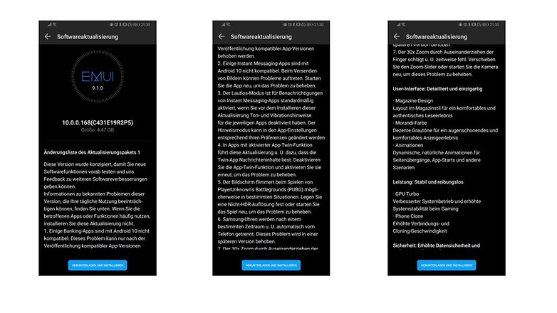 huawe p30 pro android 10 update warnung