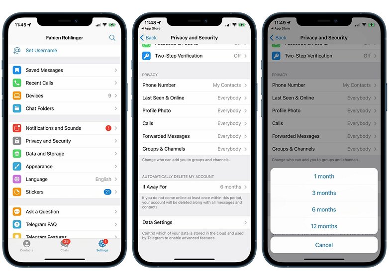 telegram how to autodelete account ios