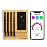 Das Grill-Thermometer Meater Block und ein Smartphone mit Meater-App