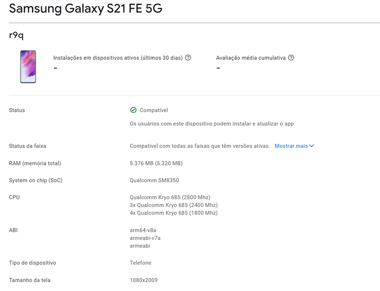 Galaxy S21 FE Google Play Console