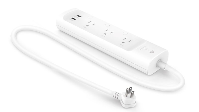 A smart power strip with three outlets and two USB charging ports
